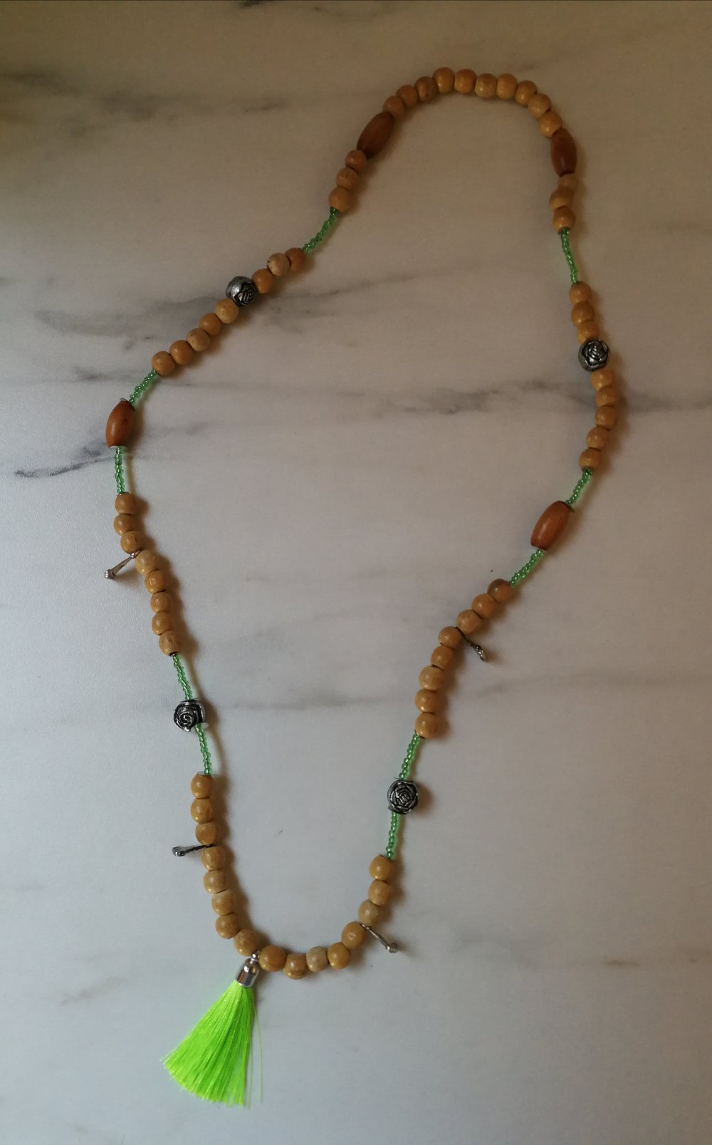 Halskette Buddha Kette Quastkette Yoga Perlen Holzschmuck Unikat 90er Vintage Charm Glücksschmuck