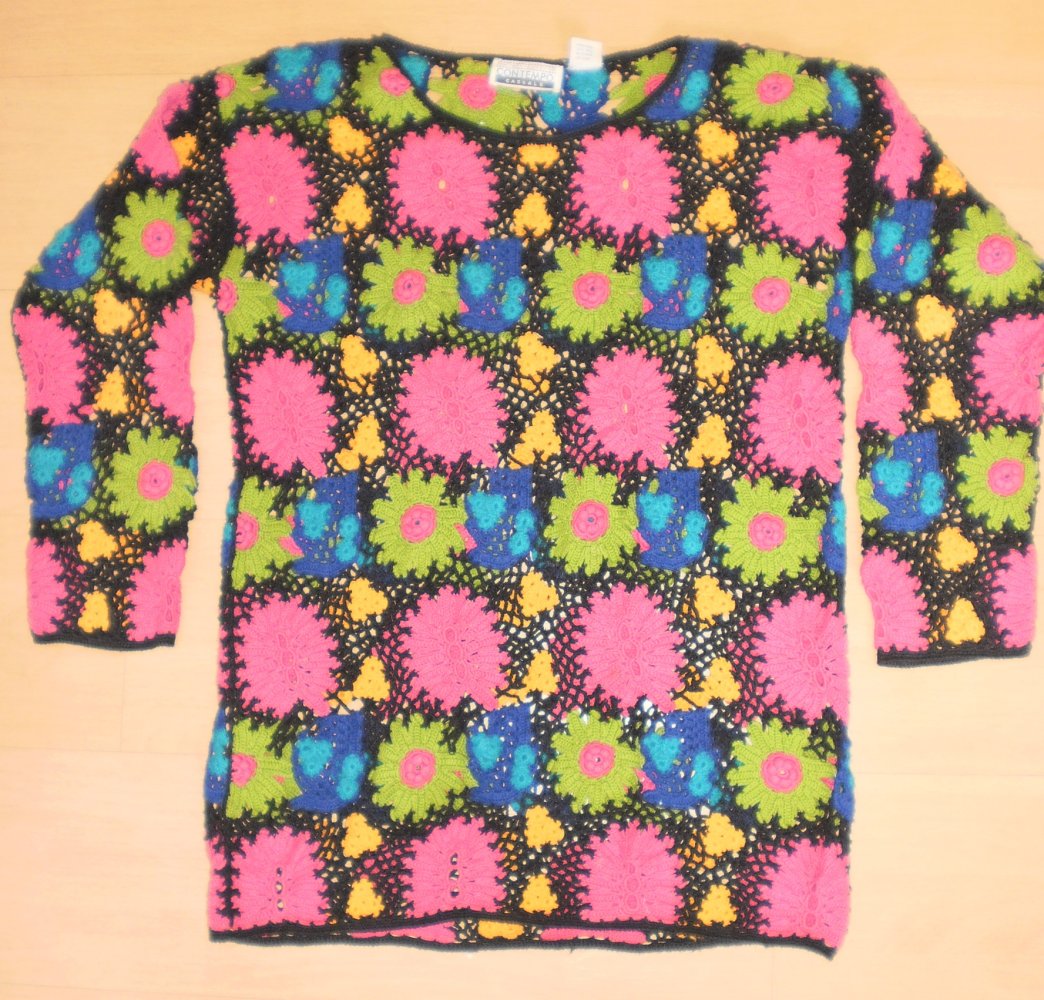 Handgestrickter Grobstrick Häkel Pullover mit Blumenmuster USA! Handarbeit Grunge Vintage
