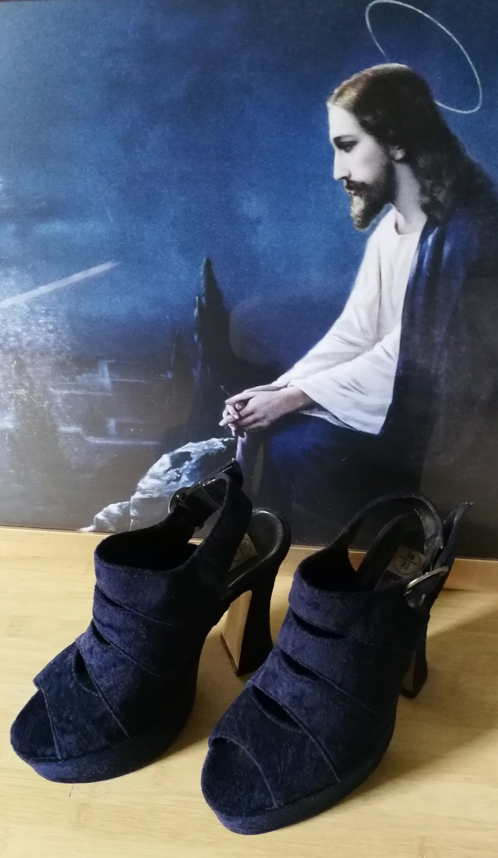 High Heels BLUE Velvet Blauer Samt Plateausandalen 90er True Vintage MEGA