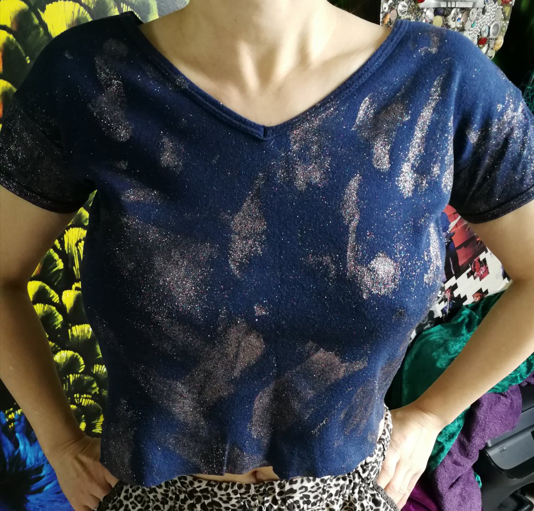 70er T-Shirt Cropped Bauchfrei Glitzer Unikatsshirt! 2 in 1 Beidseitig tragbag Galaxy Designershirt!