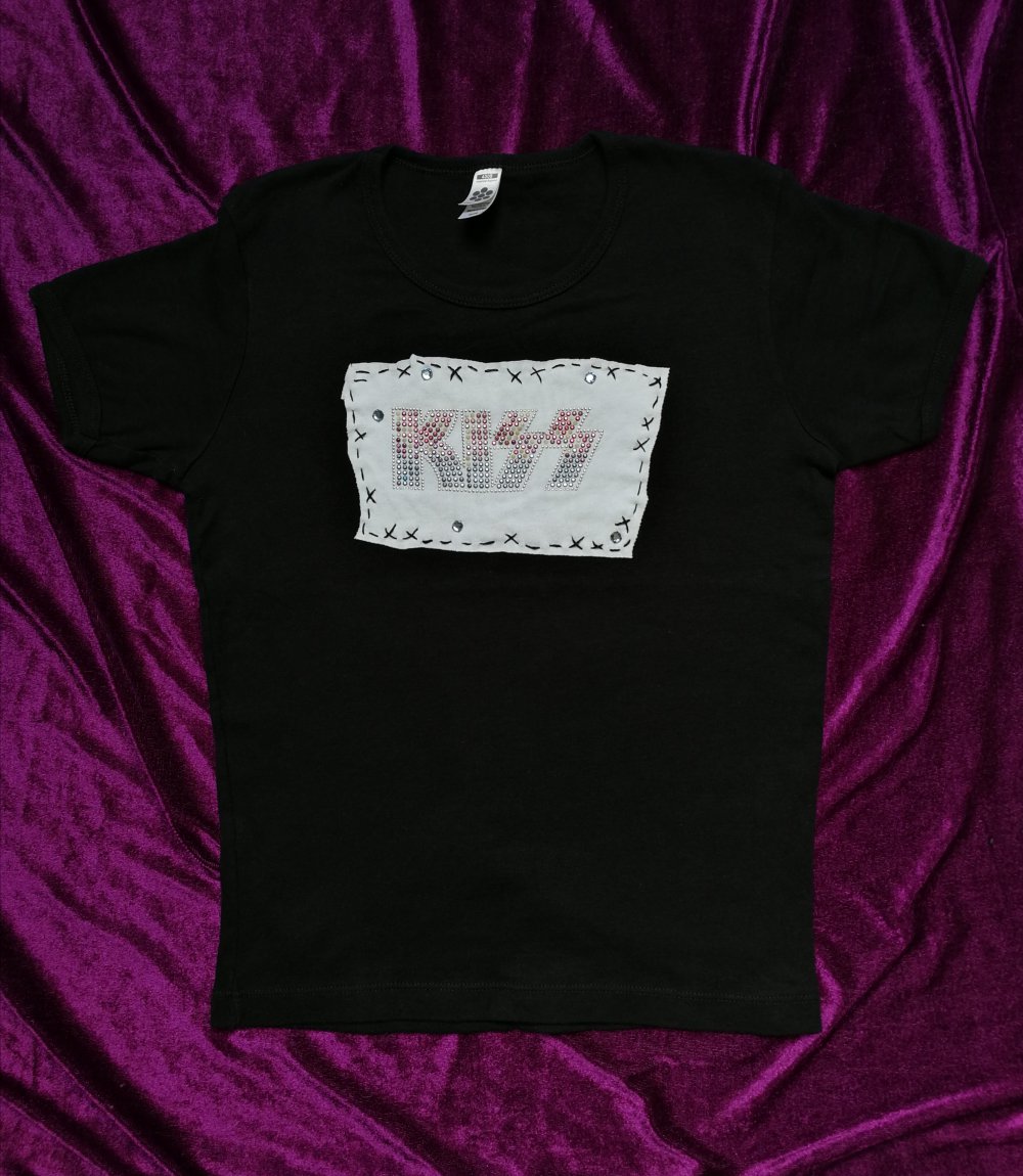 KISS Bandshirt Designershirt USA Custom Strass Nieten Glitzer Heavy Metal Rockchick Swag