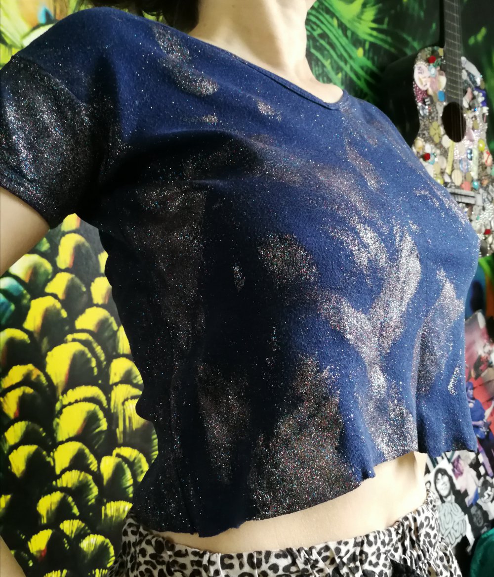 70er T-Shirt Cropped Bauchfrei Glitzer Unikatsshirt! 2 in 1 Beidseitig tragbag Galaxy Designershirt!