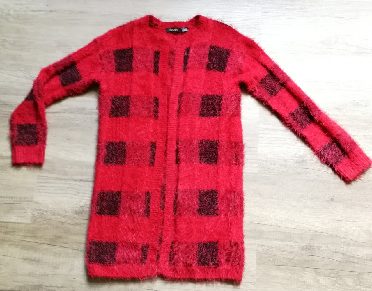 Strickjacke Cardiganz Longstrickjacke Kuscheljacke Jacke Checkers rot schwarz Longcardigan Wuscheljacke