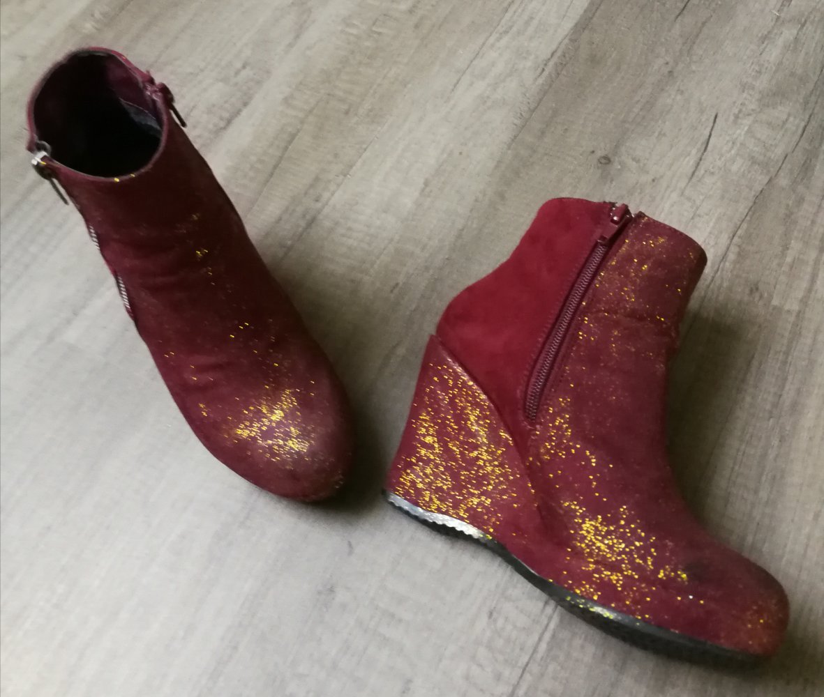 Stiefeletten Wedges Plateau Lederimitat vegan Bordeaux Goldglitter Glam 36