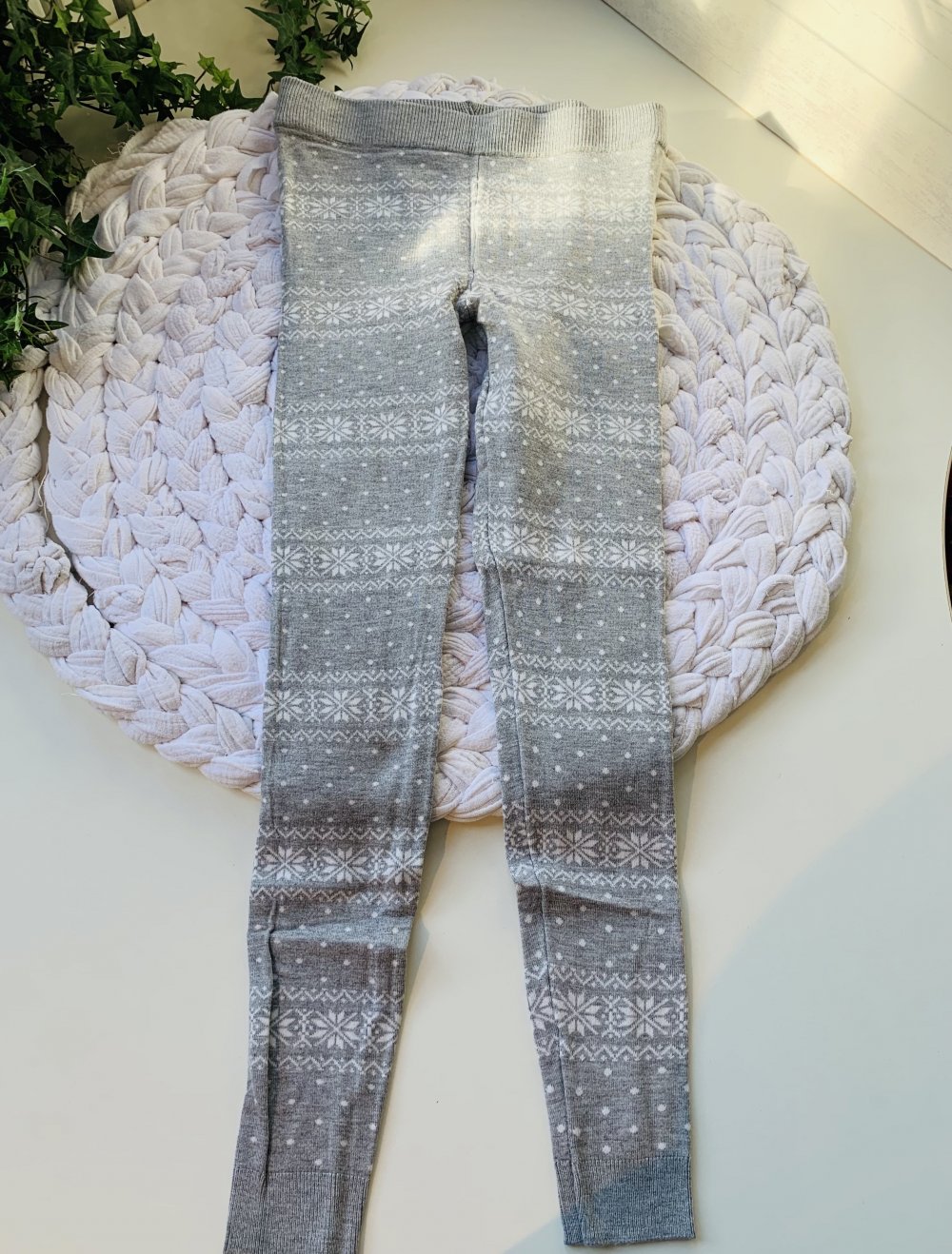 32/34 (36)/ 152, Leggings warm, Strick, Norwegermuster, grau-weiß
