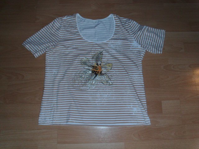 T-Shirt, beige-weiß geringelt mit Motiv, Gr. 44