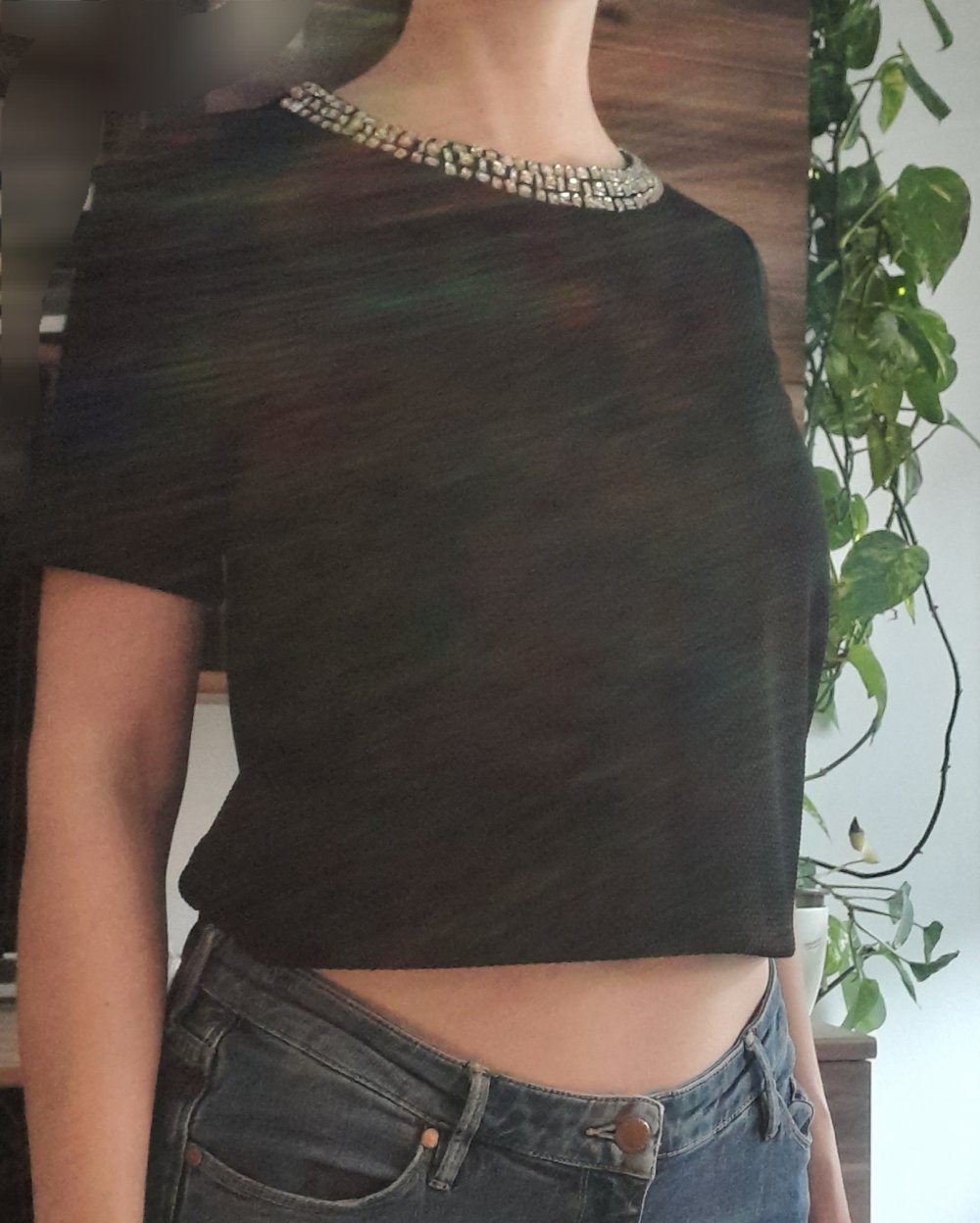Schwarzes Crop-Top mit schmuckvollem Kragen
