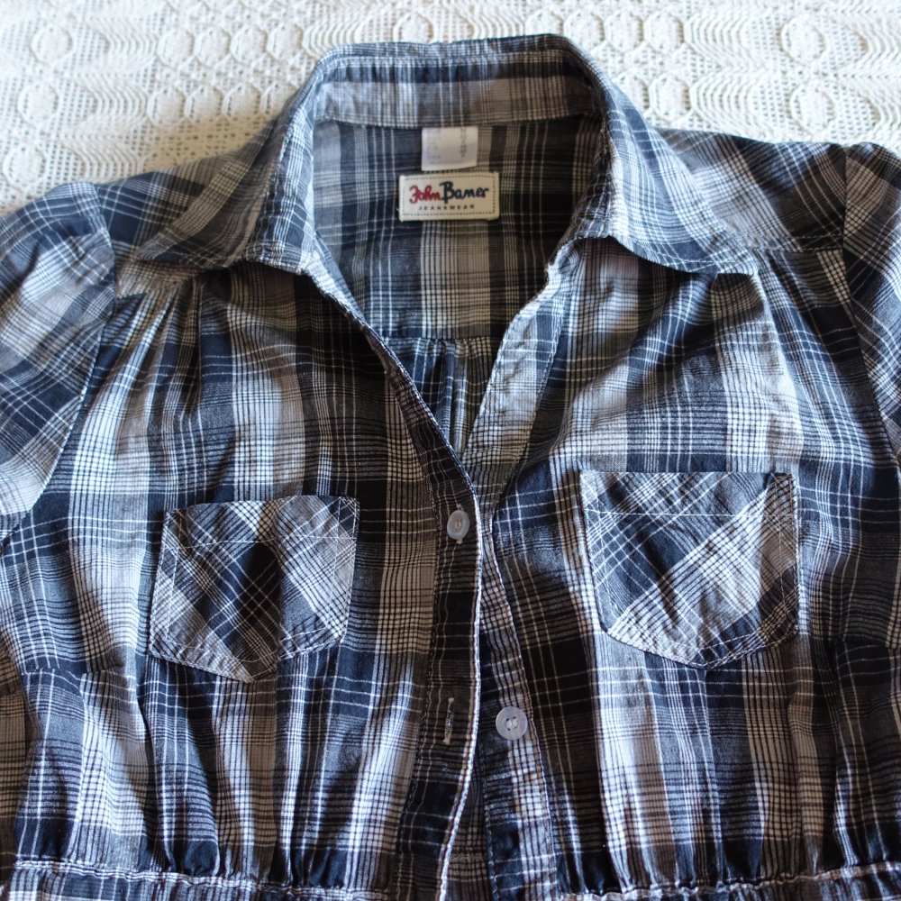 Vintage - Bluse - Stretch-Longbluse, Gr. 34 bzw. ca. Gr. XS, schwarz kariert