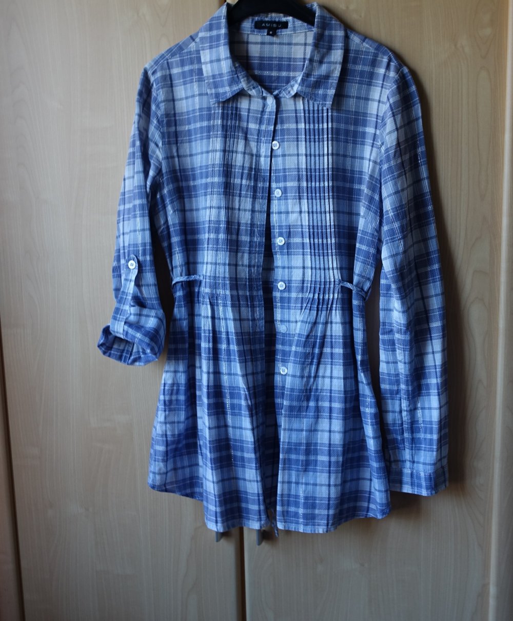 Vintage - Bluse - Longbluse, Gr. S bzw. ca. Gr. 36, lila/weiß/silber, kariert, Amisu