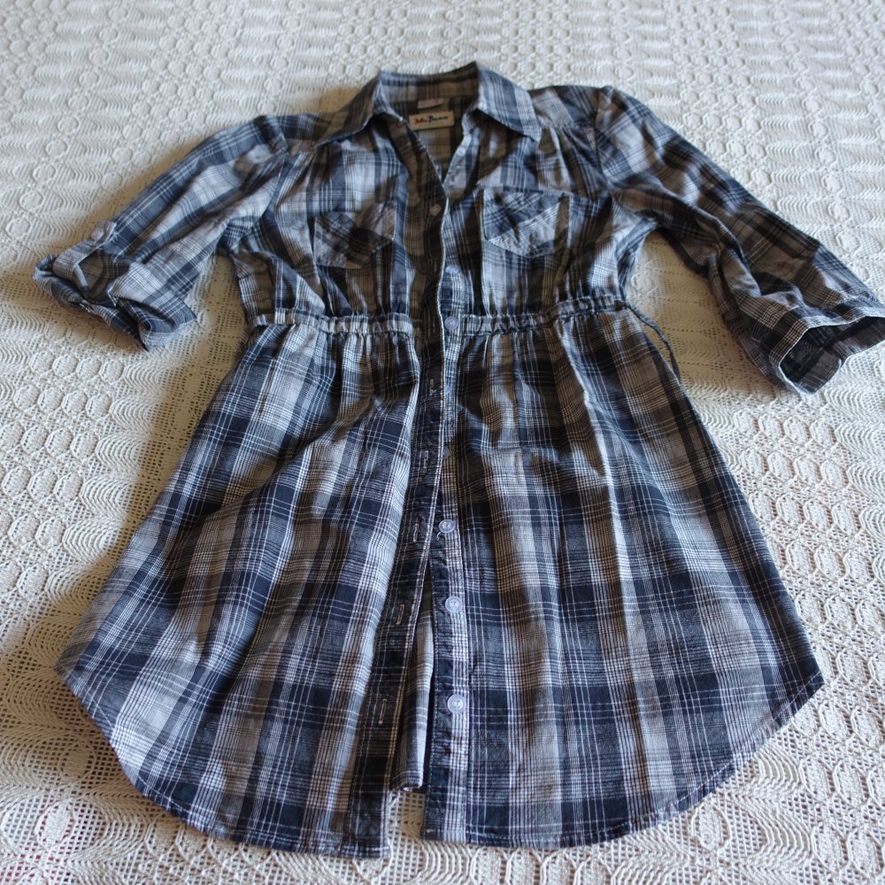 Vintage - Bluse - Stretch-Longbluse, Gr. 34 bzw. ca. Gr. XS, schwarz kariert