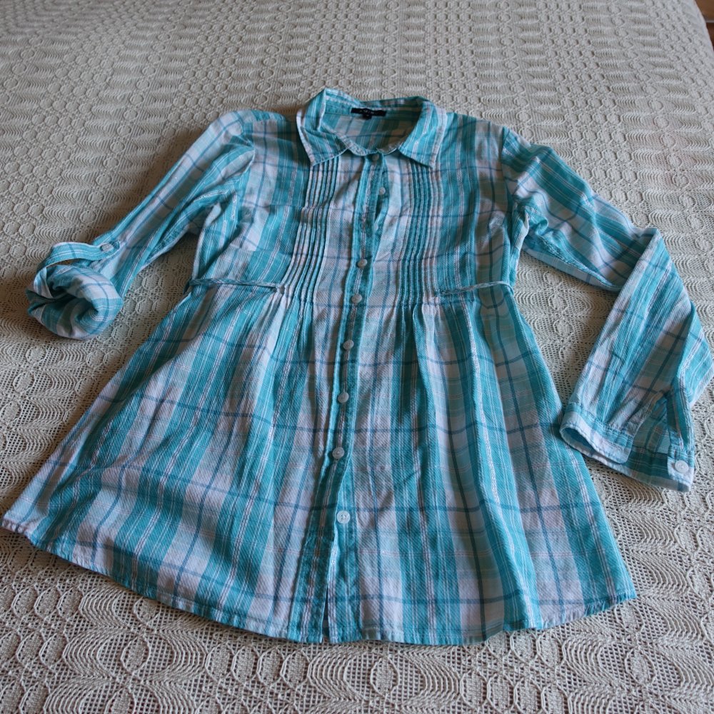 Vintage - Bluse - Longbluse, Gr. S bzw. ca. Gr. 36, türkis/weiß/silber, kariert, Amisu