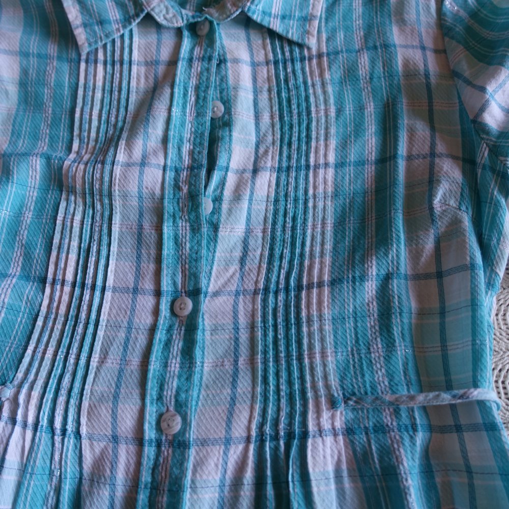 Vintage - Bluse - Longbluse, Gr. S bzw. ca. Gr. 36, türkis/weiß/silber, kariert, Amisu