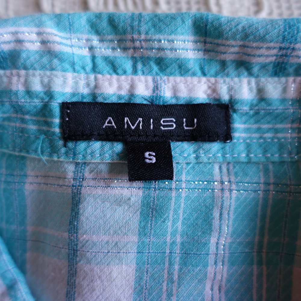 Vintage - Bluse - Longbluse, Gr. S bzw. ca. Gr. 36, türkis/weiß/silber, kariert, Amisu