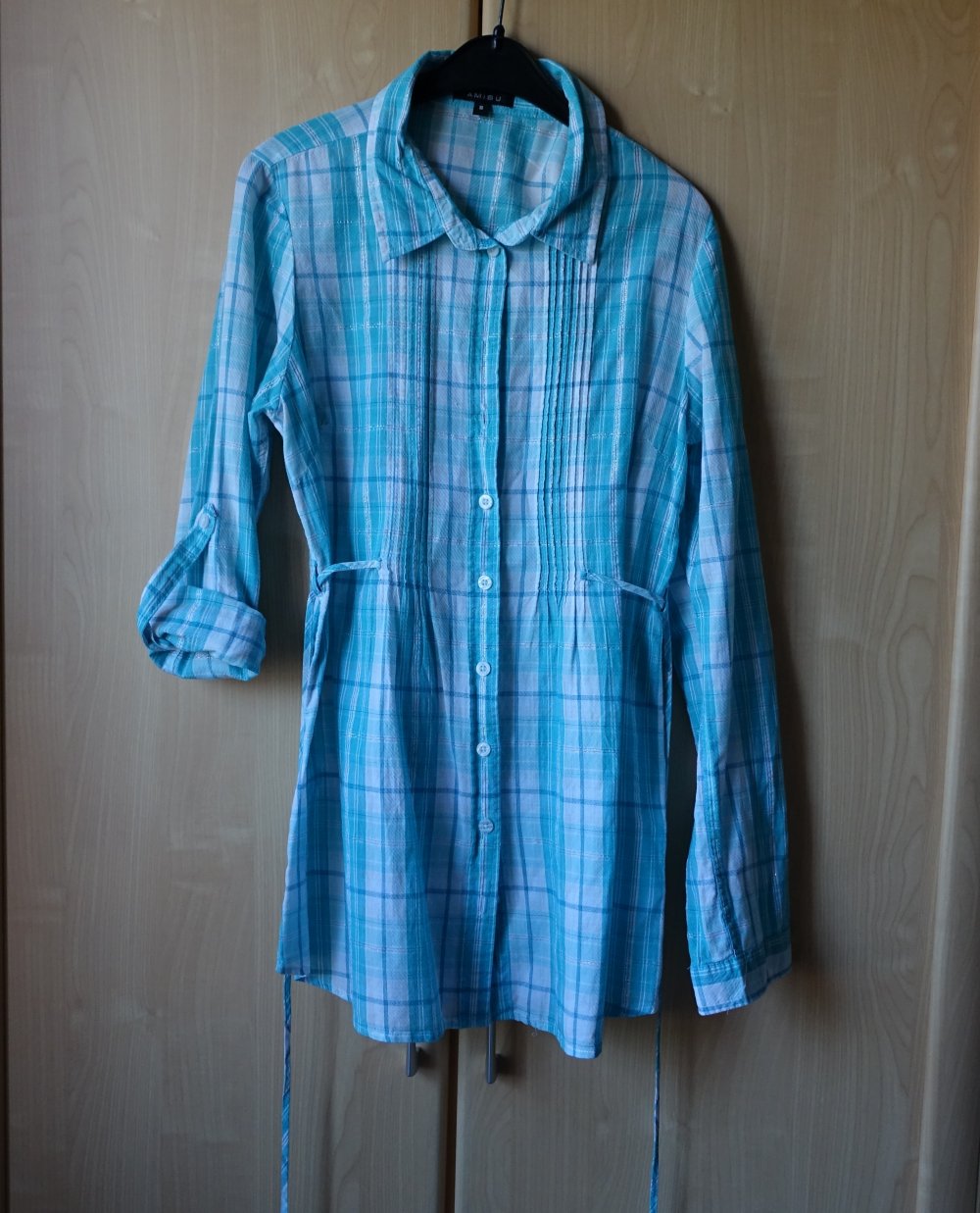 Vintage - Bluse - Longbluse, Gr. S bzw. ca. Gr. 36, türkis/weiß/silber, kariert, Amisu
