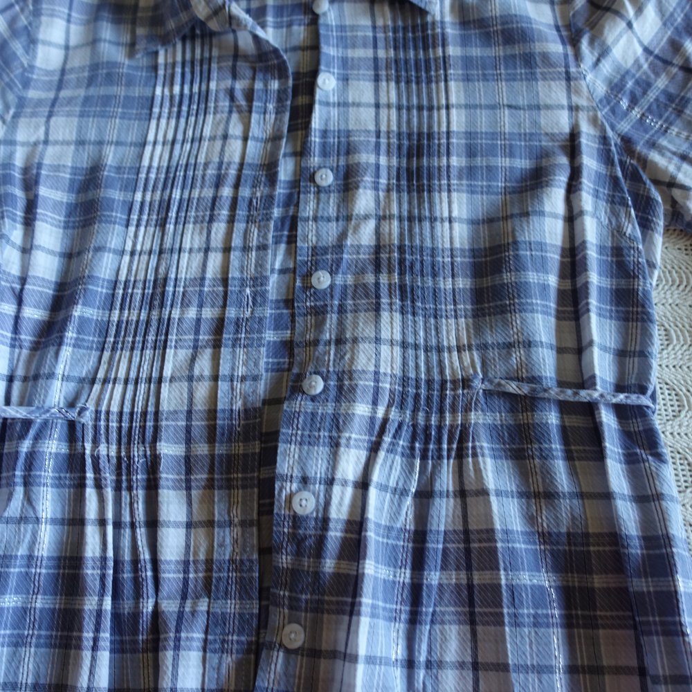 Vintage - Bluse - Longbluse, Gr. S bzw. ca. Gr. 36, lila/weiß/silber, kariert, Amisu