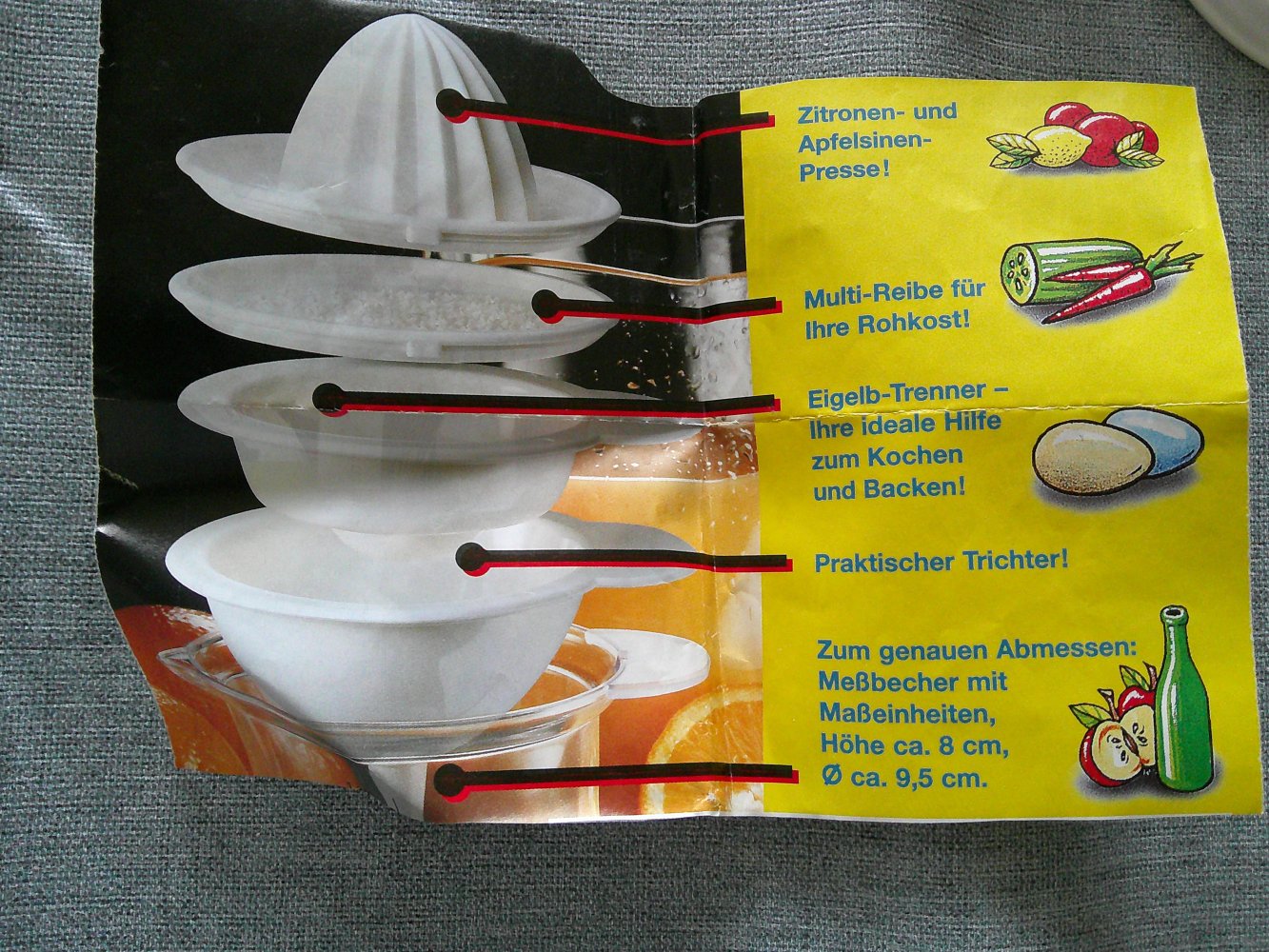 unbenutzter Messbecher 5-in-1 Multifunktionsbecher Saftpresse Reibe Eitrenner Trichter