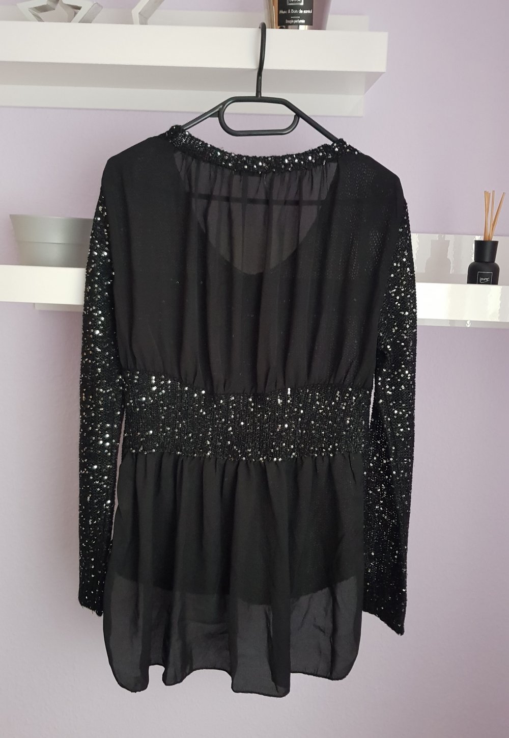 Vokuhila Pailettenpullover mit Chiffonrücken