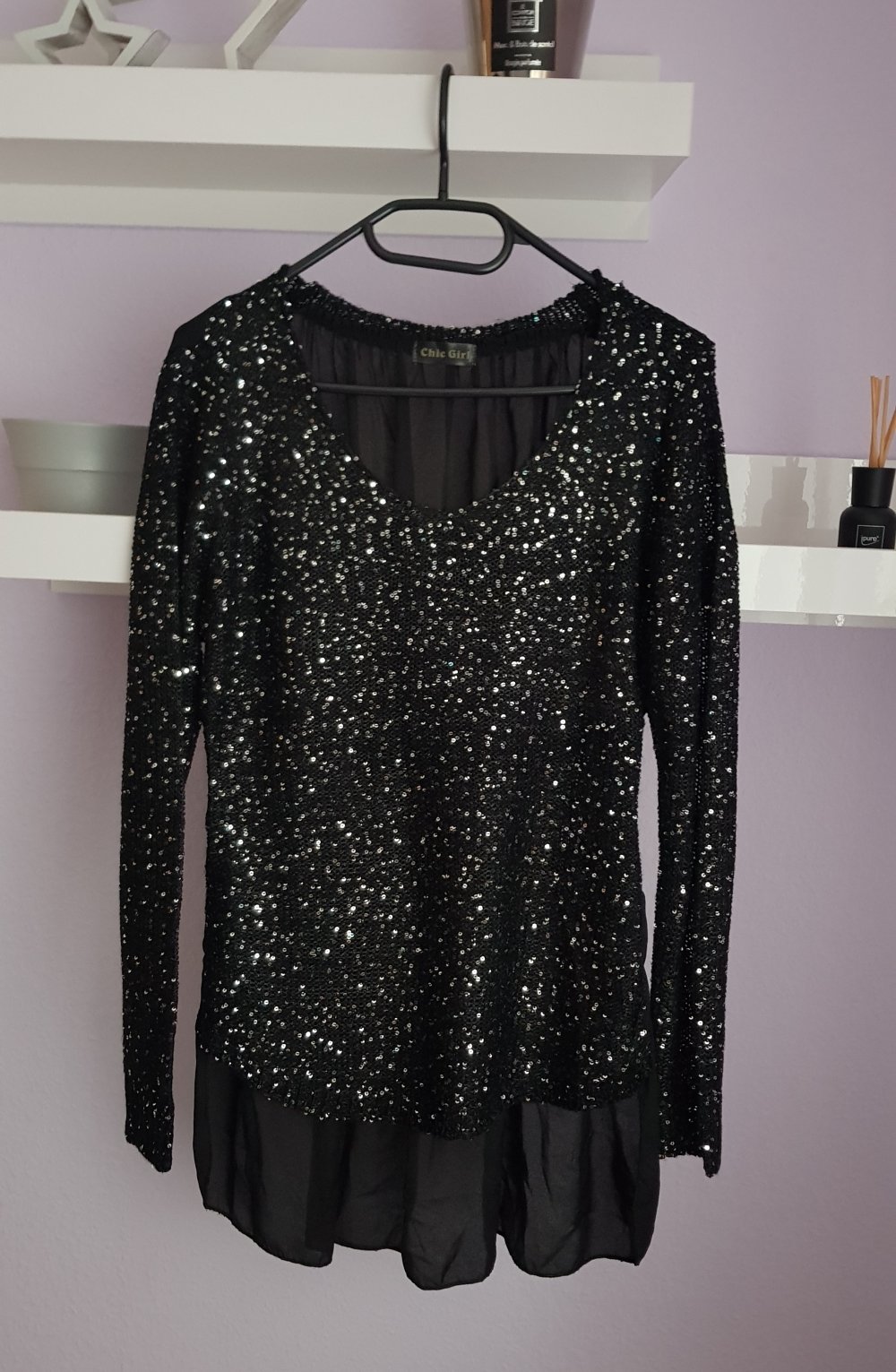 Vokuhila Pailettenpullover mit Chiffonrücken