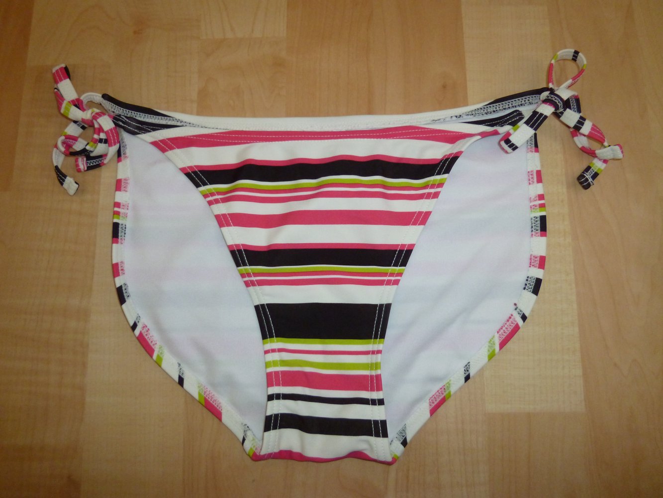 Buntes (schwarz, weiß, grün, pink) gestreiftes Bikini-Unterteil/Bikinihose, Größe 170/176