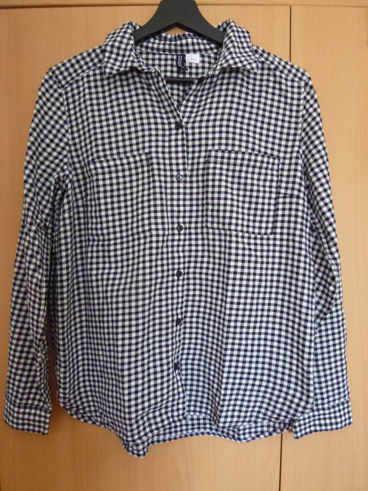 Lange schwarz-weiß karierte Bluse, Größe 40
