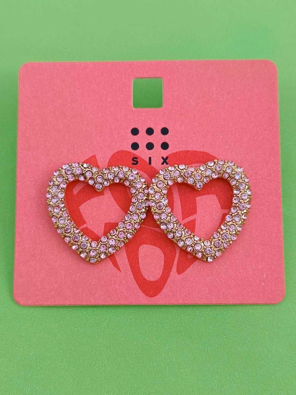 Six schöne Herz goldene Ohrringe Ohrstecker rosa rose Steine NEU