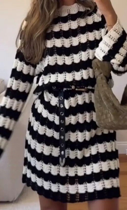 Insta Blogger moderne Oversize Pointelle Midi Strickkleid Häkel Strick Kleid schwarz weiß mit Trompetenärmel 34 XS,36 S,38 M uni NEU mit ETIKETT