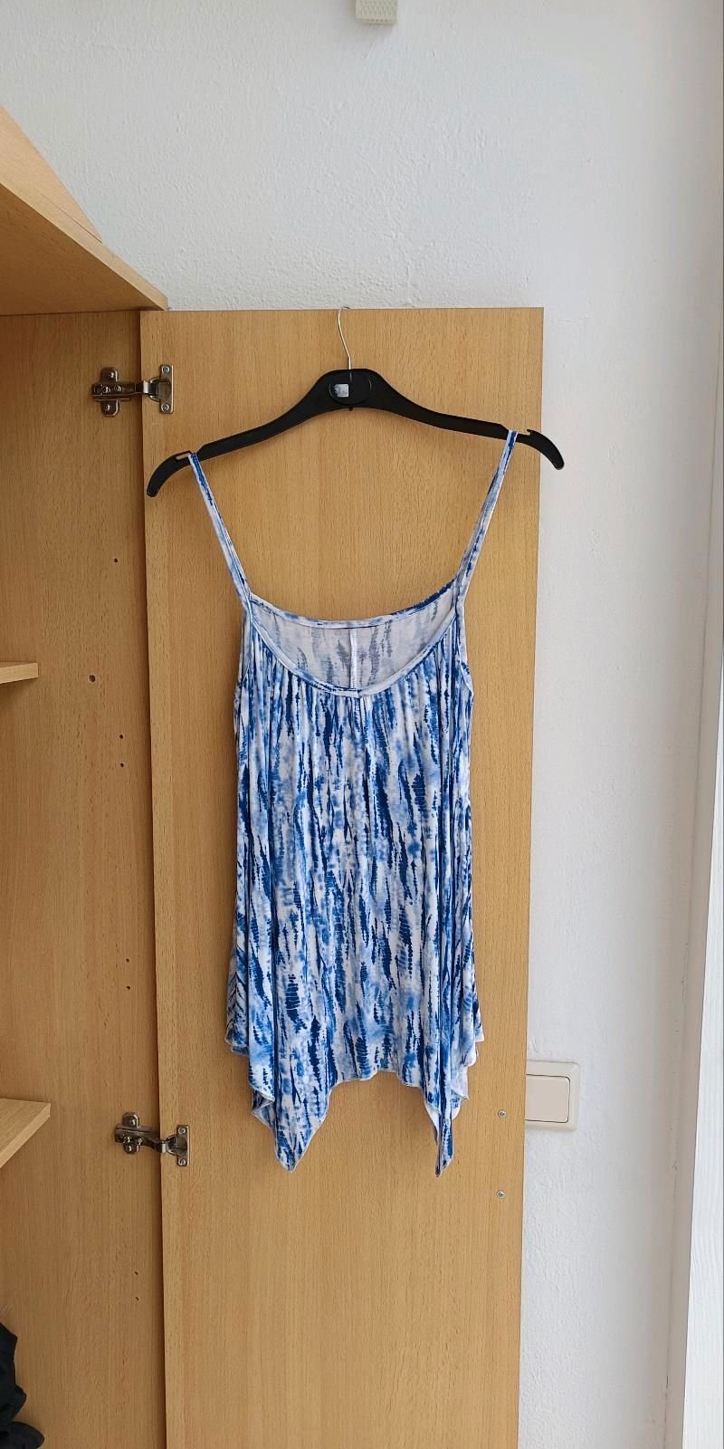 Oberteil Tunika Top lang Longtop locker drapiert asymmetrisch weiß / blau pastell gr. 36 S,38 M NEU