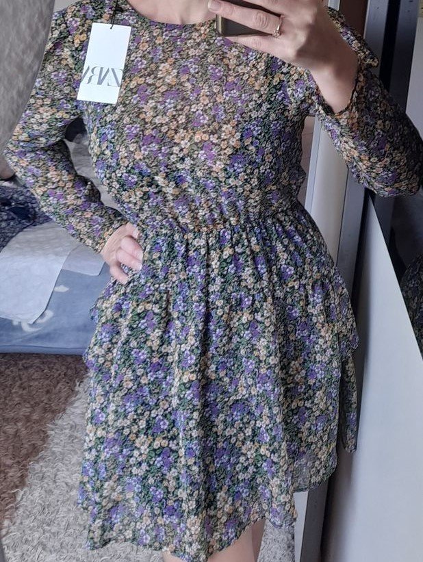 INSTA BLOGGER 50€ Zara Chiffon Volant Volantkleid Blumenmusterkleid Blumenprintkleid Puffärmel Kleid schwarz Blumen lila grün gelb bunt geblümt gr. 36 S NEU mit ETIKETT