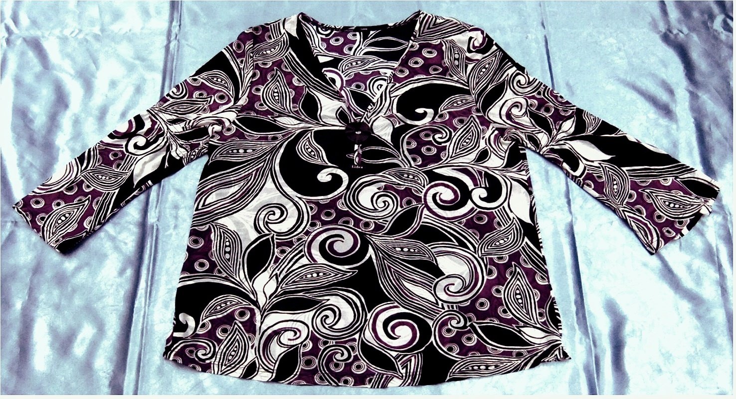 Langarm-Tunika-Bluse von Lidea - Gr.42 - schwarz / lila / weiß durchscheinendes Muster