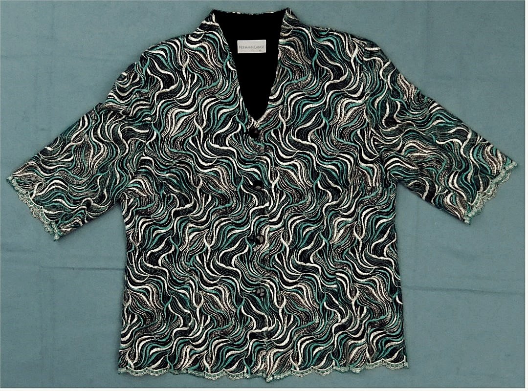  Kurzärmliche Damen-Jacke / Blazer von Hermann Lange - glänzend türkis / silber gewellt - Aus Rayon , Polyester , Metall - Größe 44 