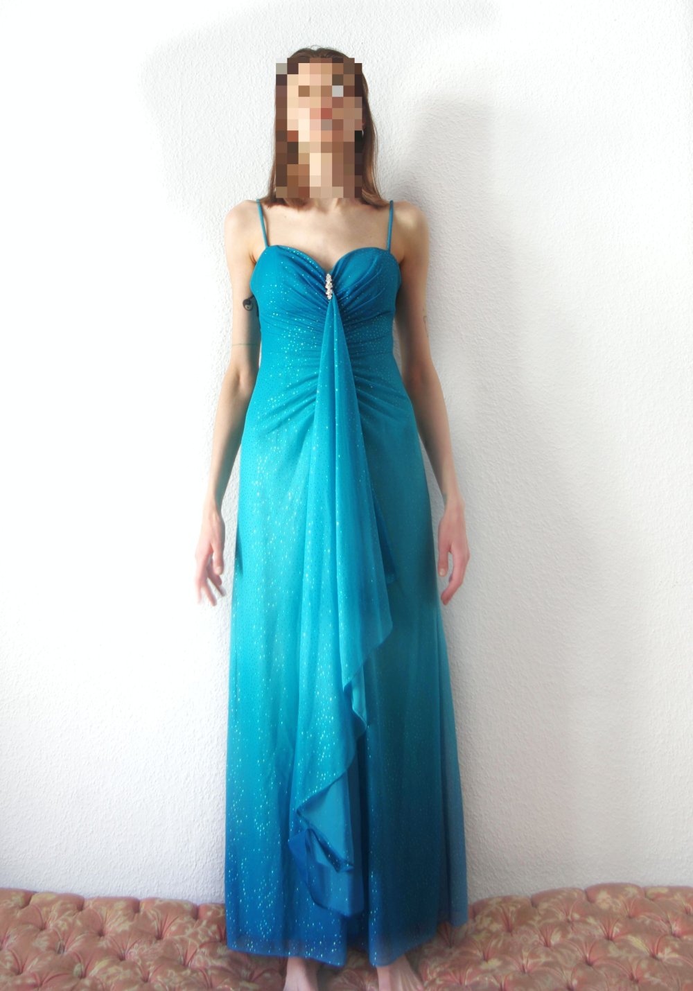 Wunderschönes drapiertes Meerjungfrauen Abendkleid Gr. S M 36 38 Mesh Organza shiny glitzernd