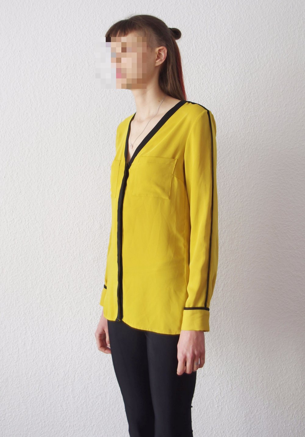 Retro Longbluse Gr. 34 36 XS S Shirt Pinup senfgelb schwarz Trackshirt elegant