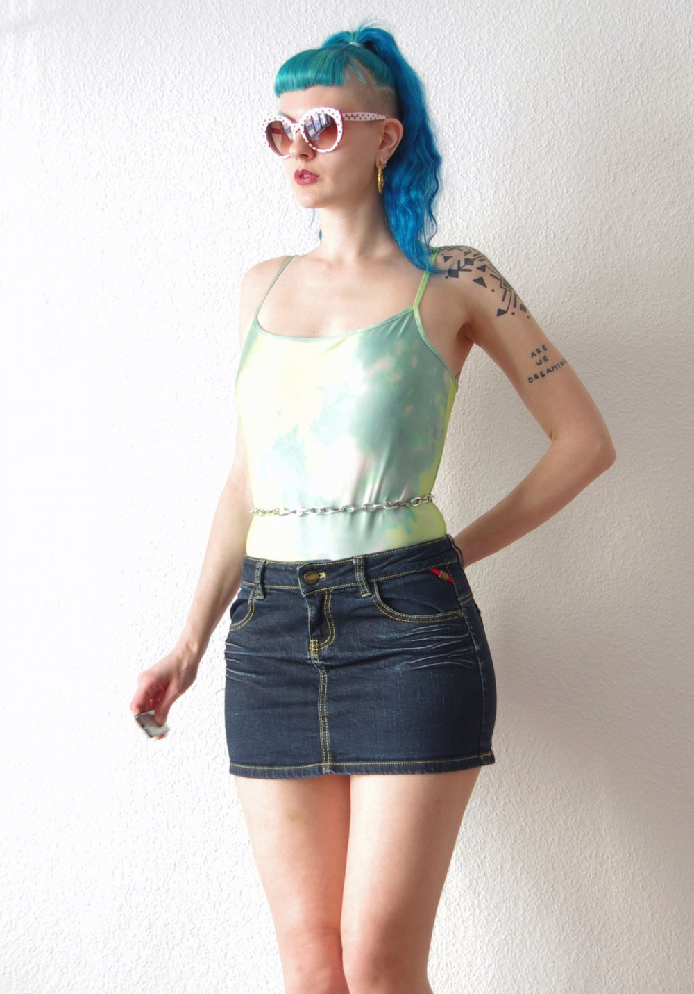 Y2k Jeans Minirock Gr. 40 L Festival 90er kurz Acid Bleach gold bratz Technobarbie