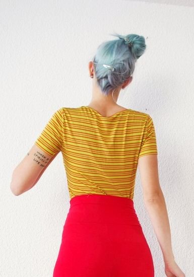 Pinup Joop! retro Shirt Gr. 40 38 M gestreift 70er gestrickt senfgelb rot vintage look