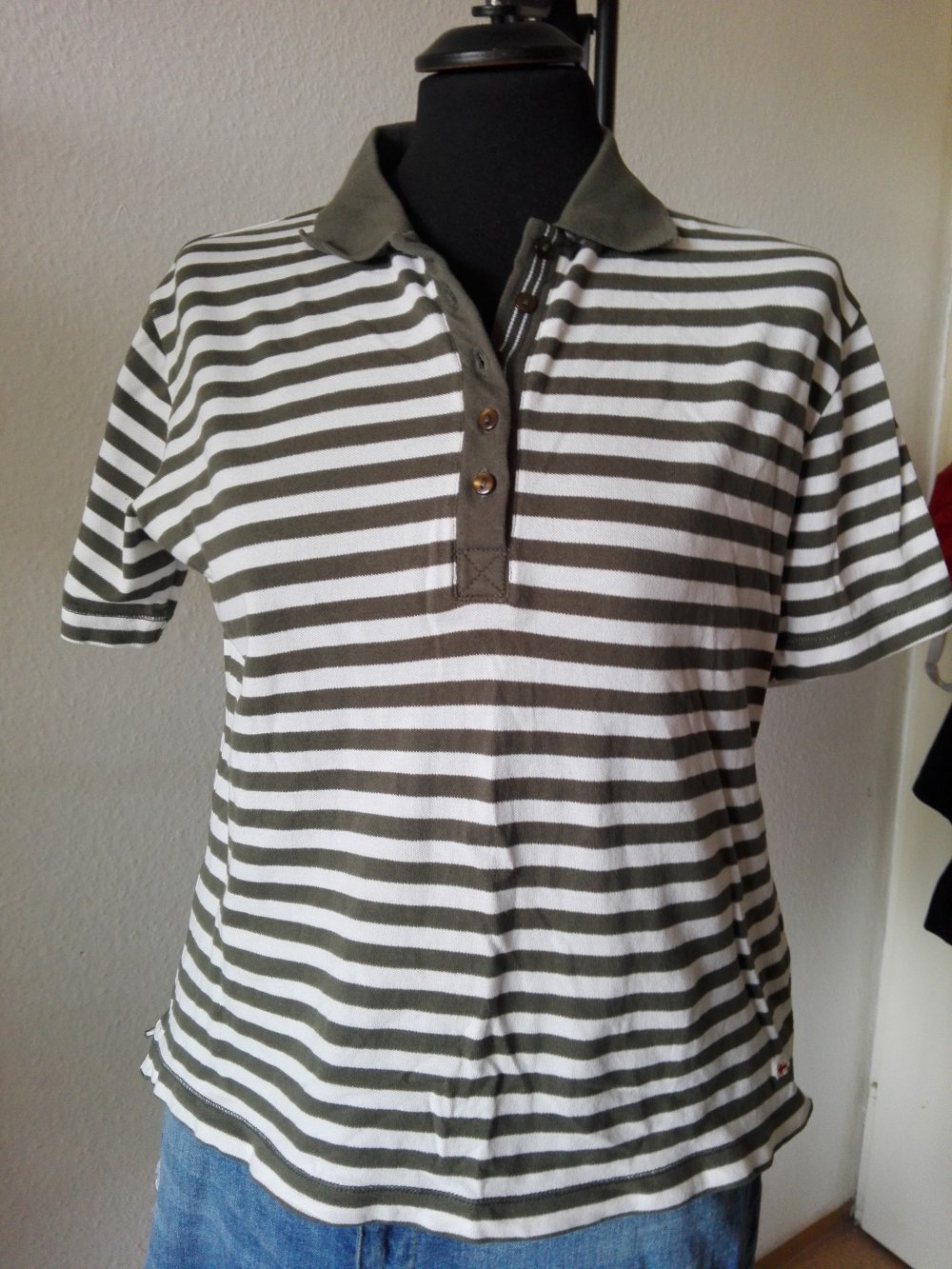 Polo Shirt T-Shirt Gr. 42 Weiß Khaki gestreift