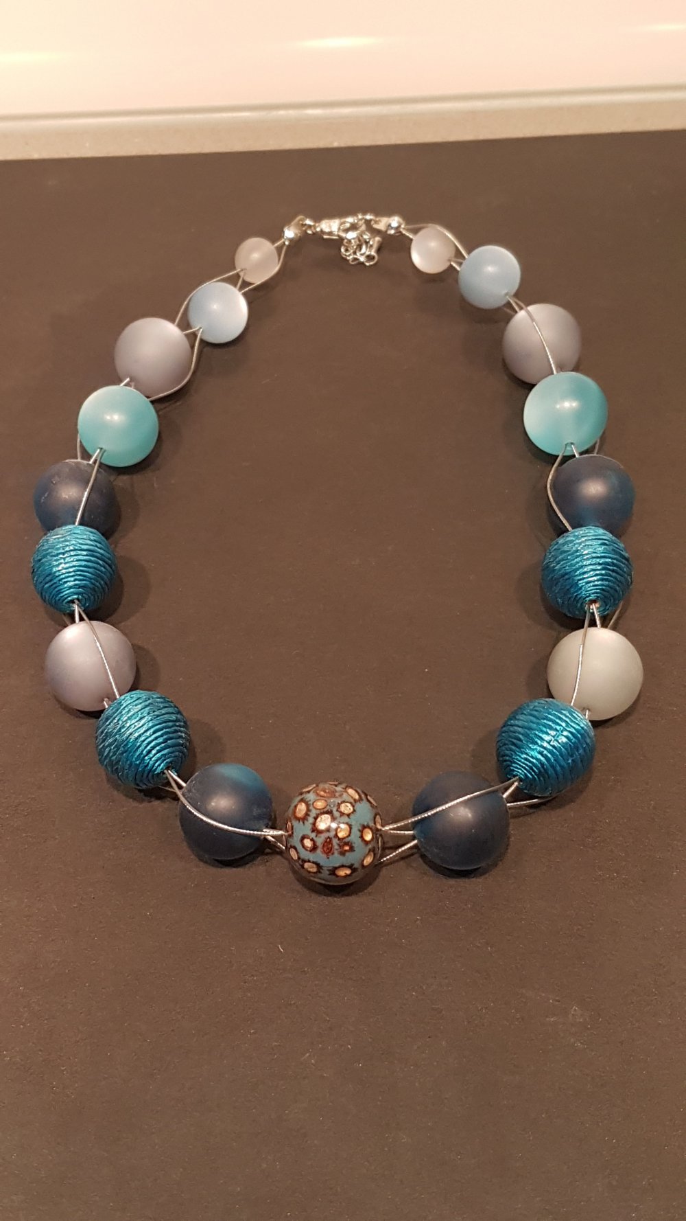 Perlenkette blau türkis, Kunststoff, Statementkette