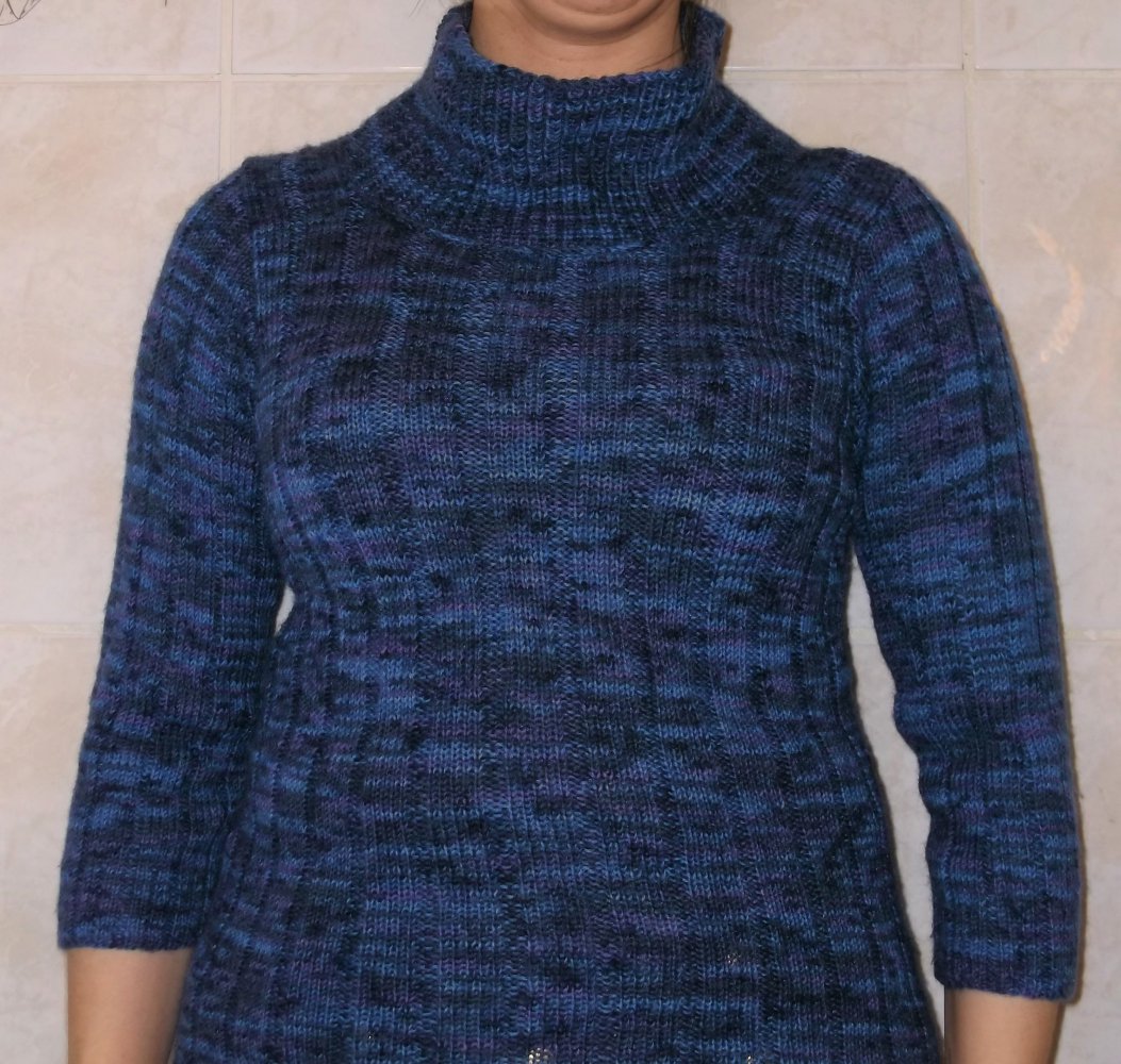 Blau-lila gemusterter Wollpulli 3/4 Arm 