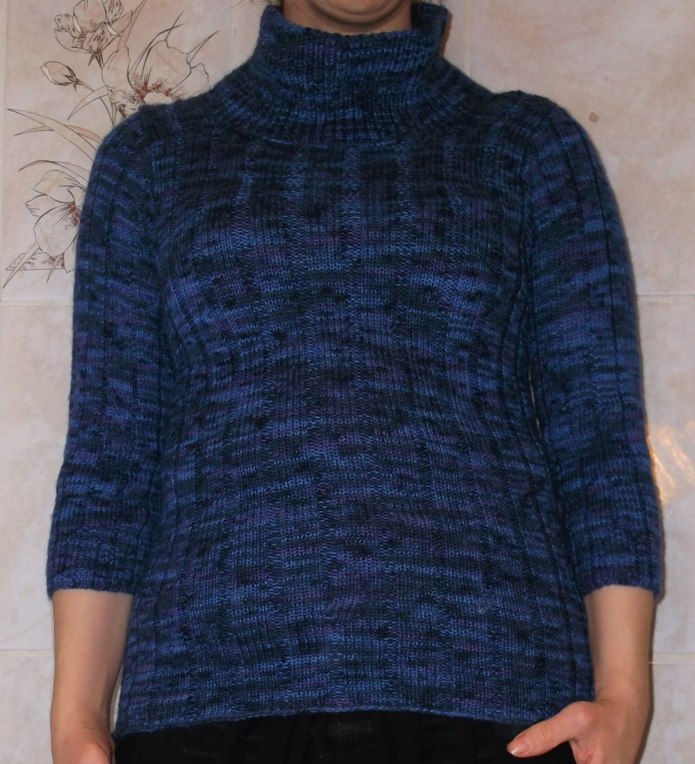Blau-lila gemusterter Wollpulli 3/4 Arm 