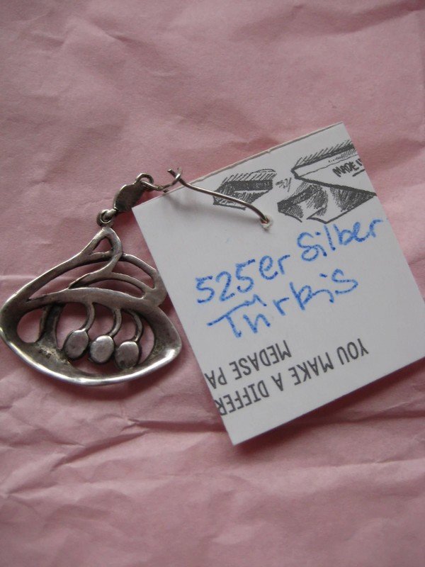 Schöner Silber Ohrhänger! türkis, silber, echtsilber, 525er, ohrring, ohrhänger, zweites ohrloch, einzeln, einzelhänger, schnörkel, verschlungen, edelsteinDHL/
