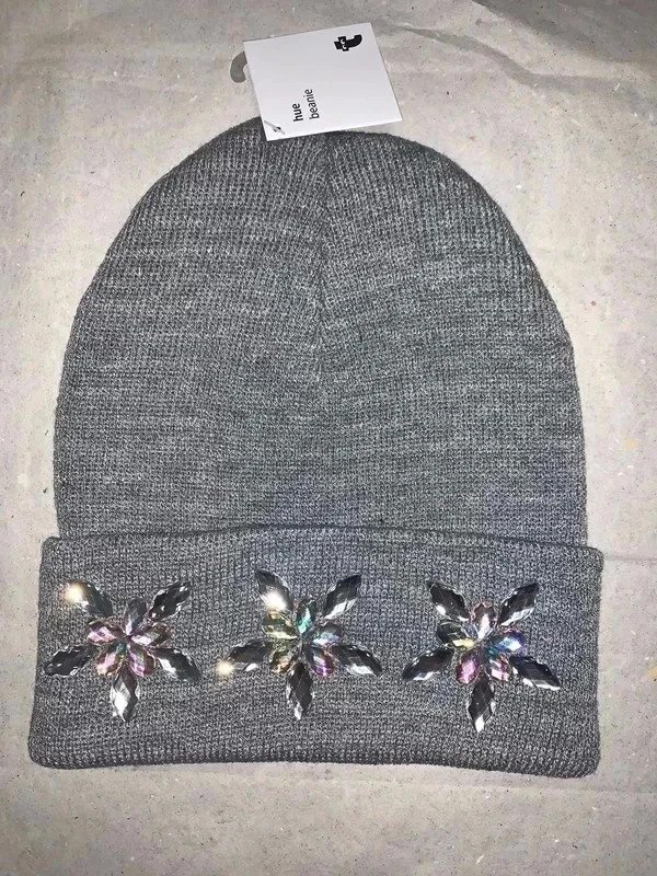 Neu gestrickte Mütze mit Steinchen blau/grau 5-12 Jahre