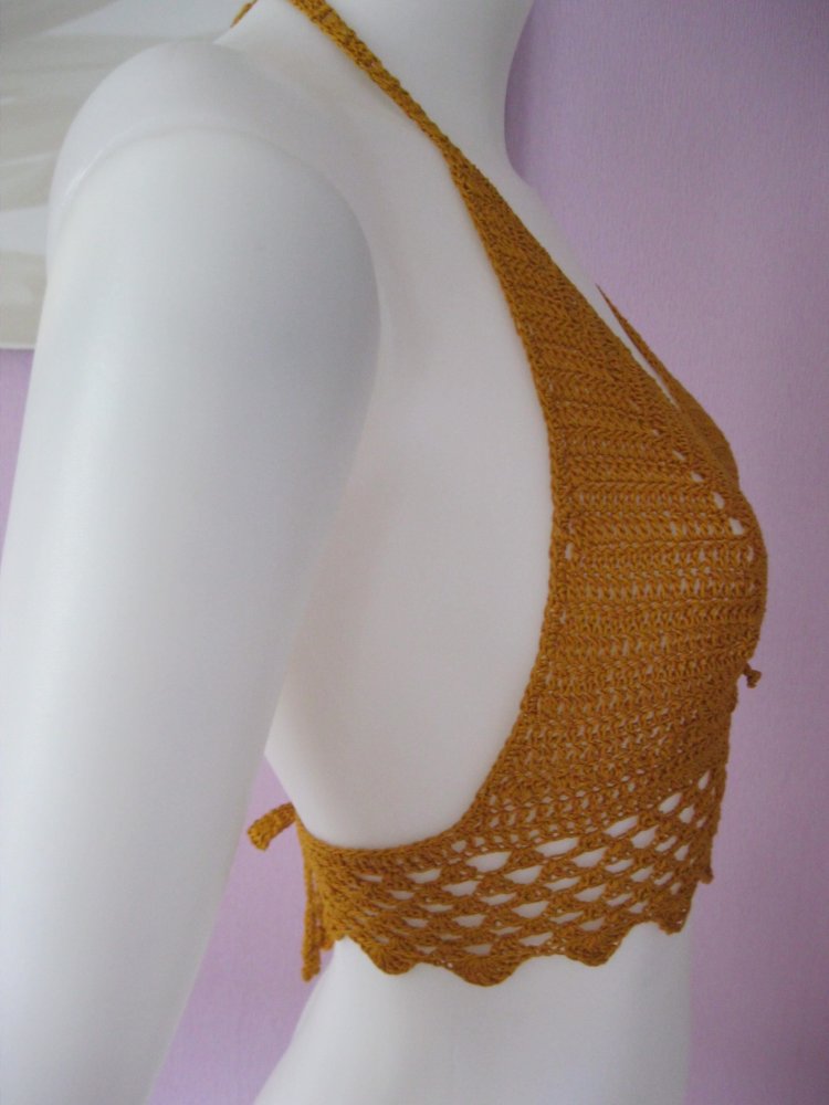 NEU Neckholder-Top Handmade 100% Baumwolle Cup A/B Ocker S-M