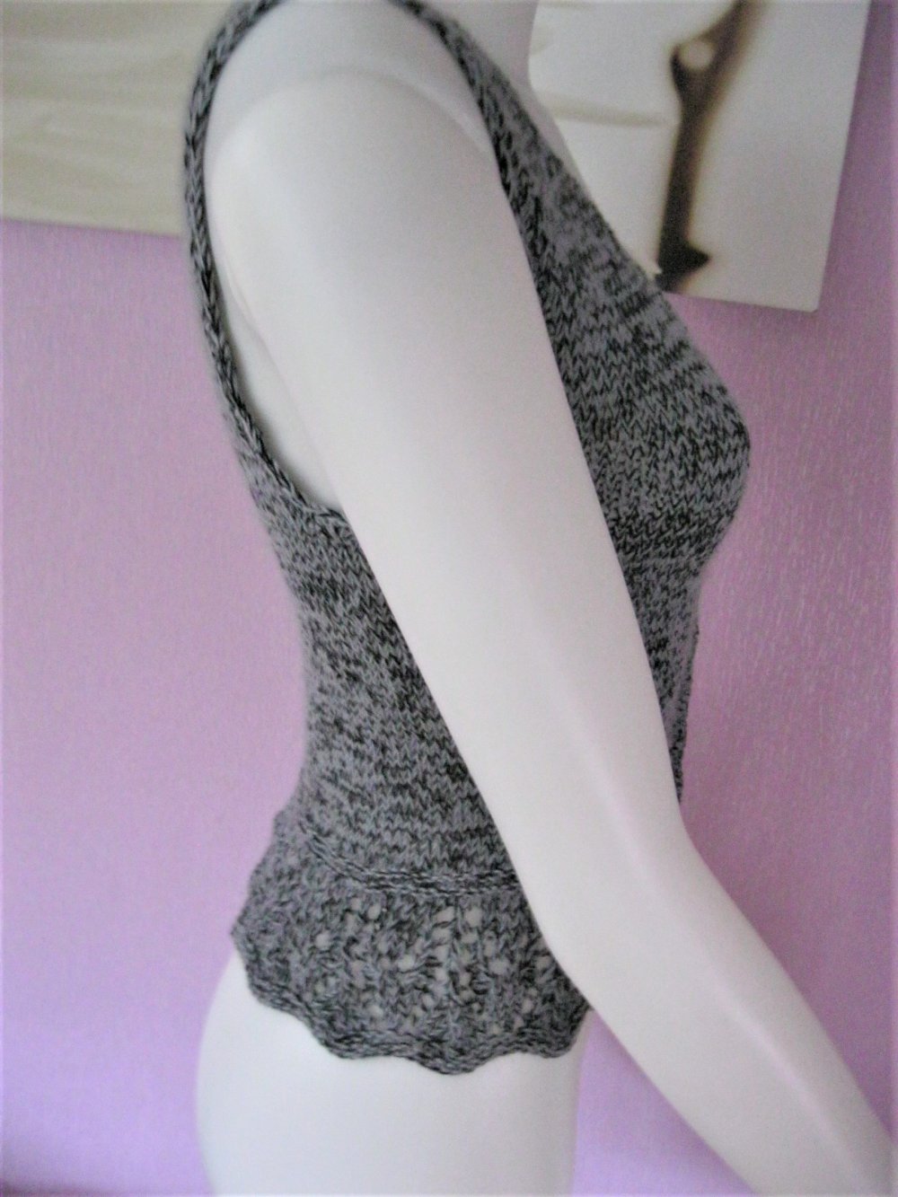 NEU Strickweste Grau/Schwarz meliert Schurwolle/Baumwolle Handmade S/M