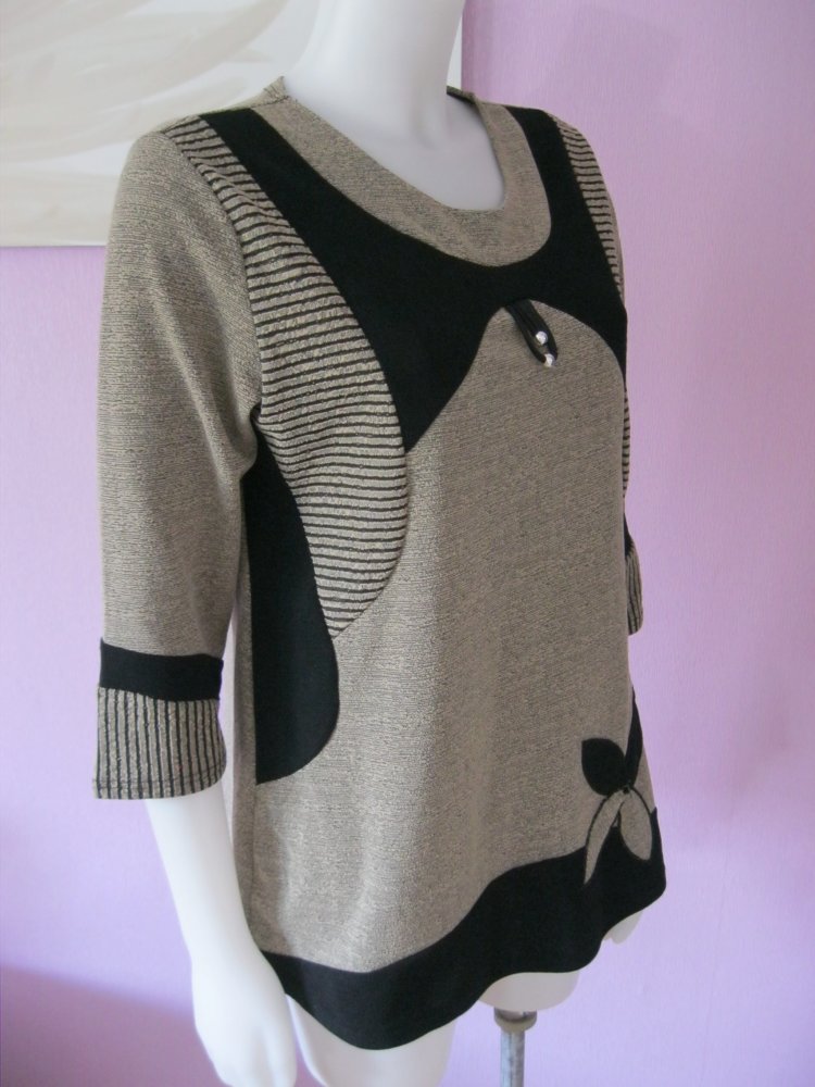 Pullover Viskose 1/2-ärmlig Beige/Schwarz M