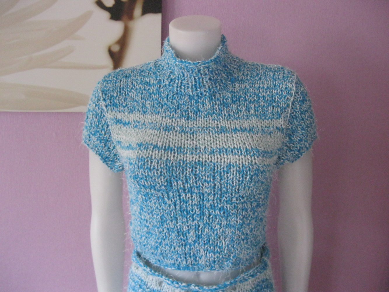 NEU 2-Teiler Rock + Kurzarmpulli gestrickt Handmade Türkis/Mint S-L