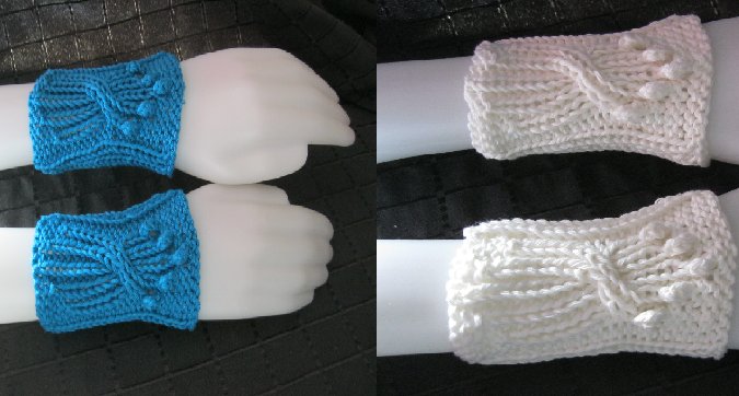 Pulswärmer Stulpen Handgelenkswärmer gestrickt 100% Baumwolle Weiß/Türkis