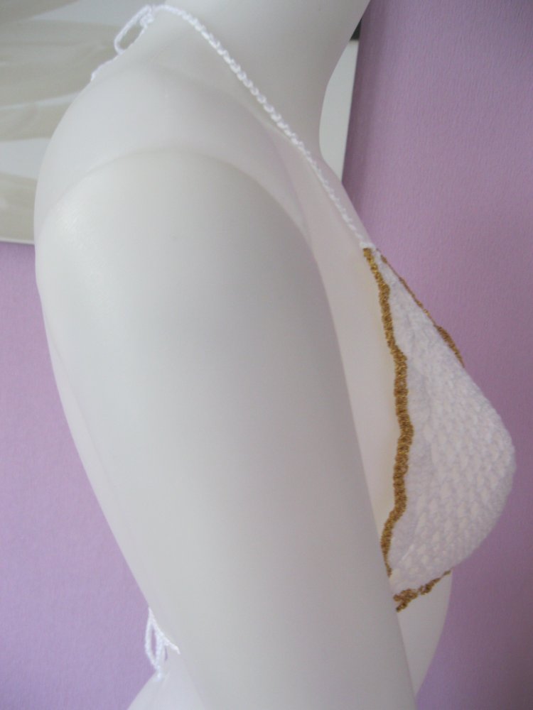 NEU Bikini-Oberteil Retro-Design Weiß / GOLD Baumwolle Handmade Cup A/B 