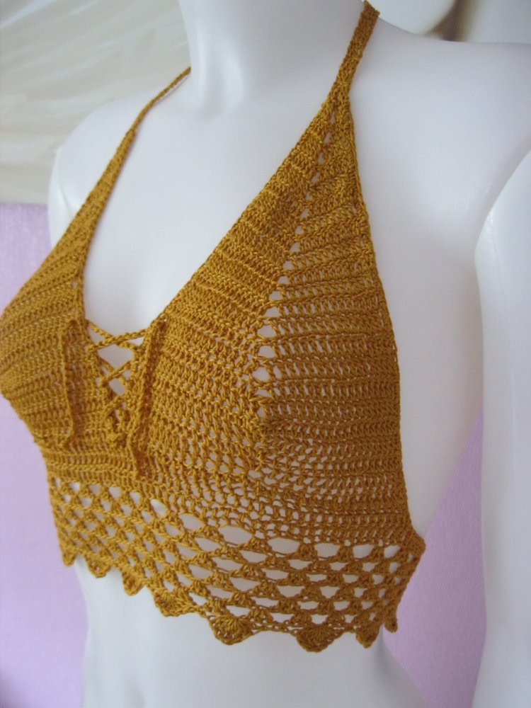 NEU Neckholder-Top Handmade 100% Baumwolle Cup A/B Ocker S-M