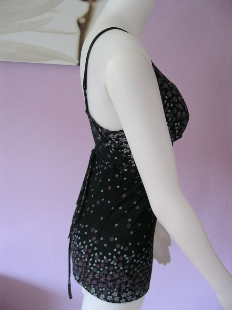 Spaghetti -Top # schwarz/Blumenprint # XS-M