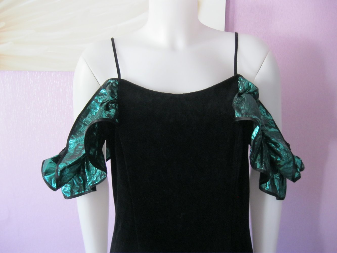 Höpfner Jeunesse # Abendkleid # 70er Jahre # Vintage # Metallic-Grün/Schwarz # 42 (XL)