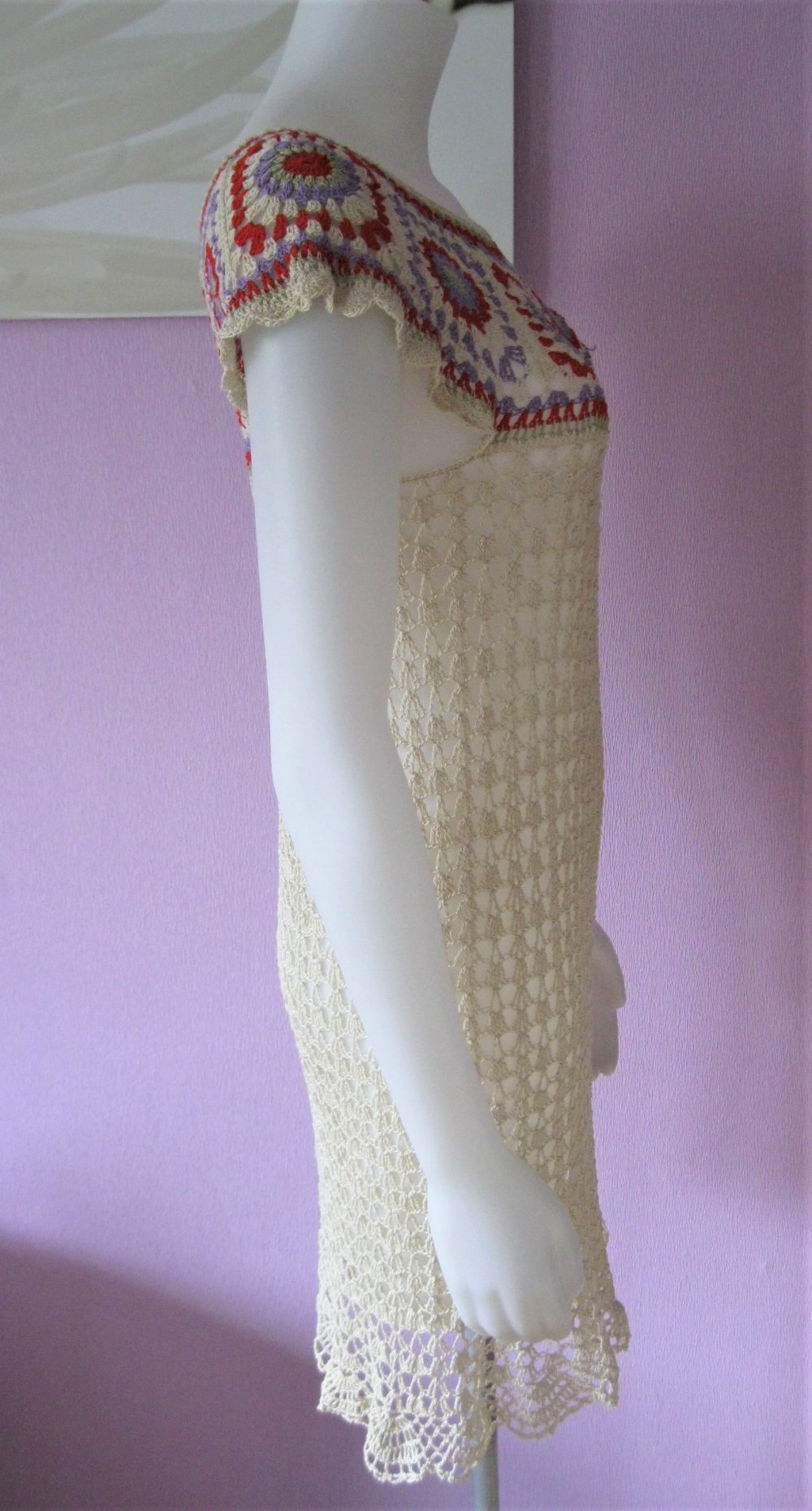 NEU Häkelkleid Hippie Style 100% Baumwolle handmade Beige/Bunt S-L